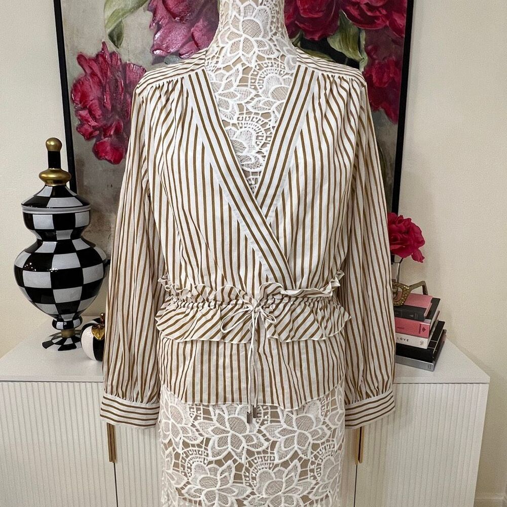 Robert Rodriguez Women's Mariel Stripe V-Neck Ruffle Blouse Gold White Sz 12 NWT